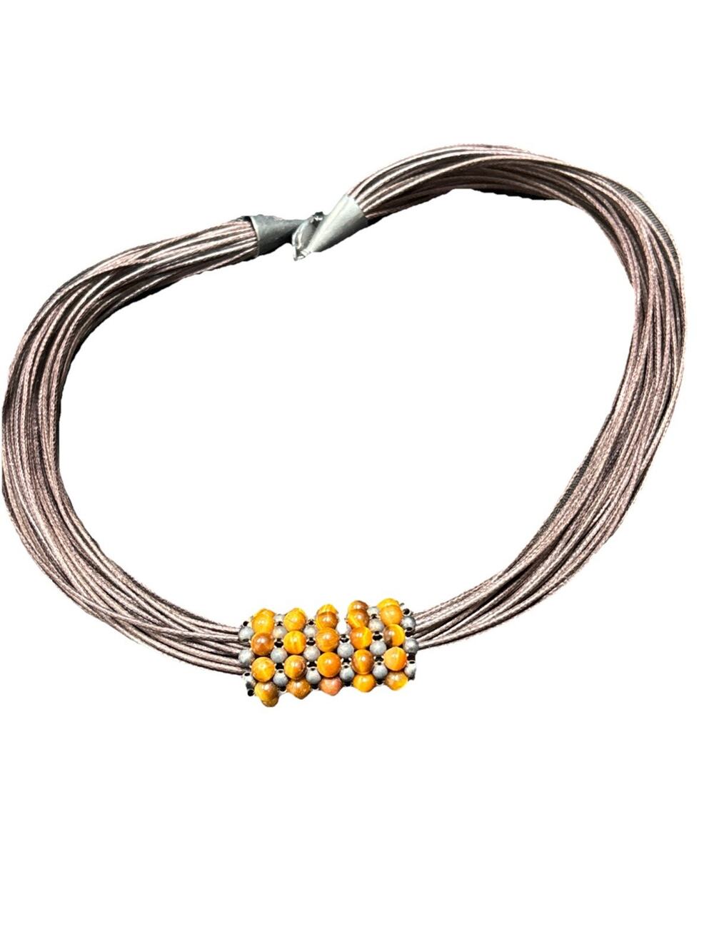 Y2K Choker Necklace Tiger Eye Beaded Slide Pendant Multi Strand Leather & Silver